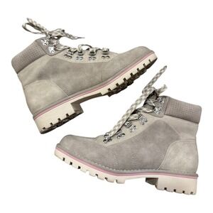 Crown Vintage Hiker Boots Lace Up Ankle Lug Sole Taupe‎ Pink Accent Size 8.5